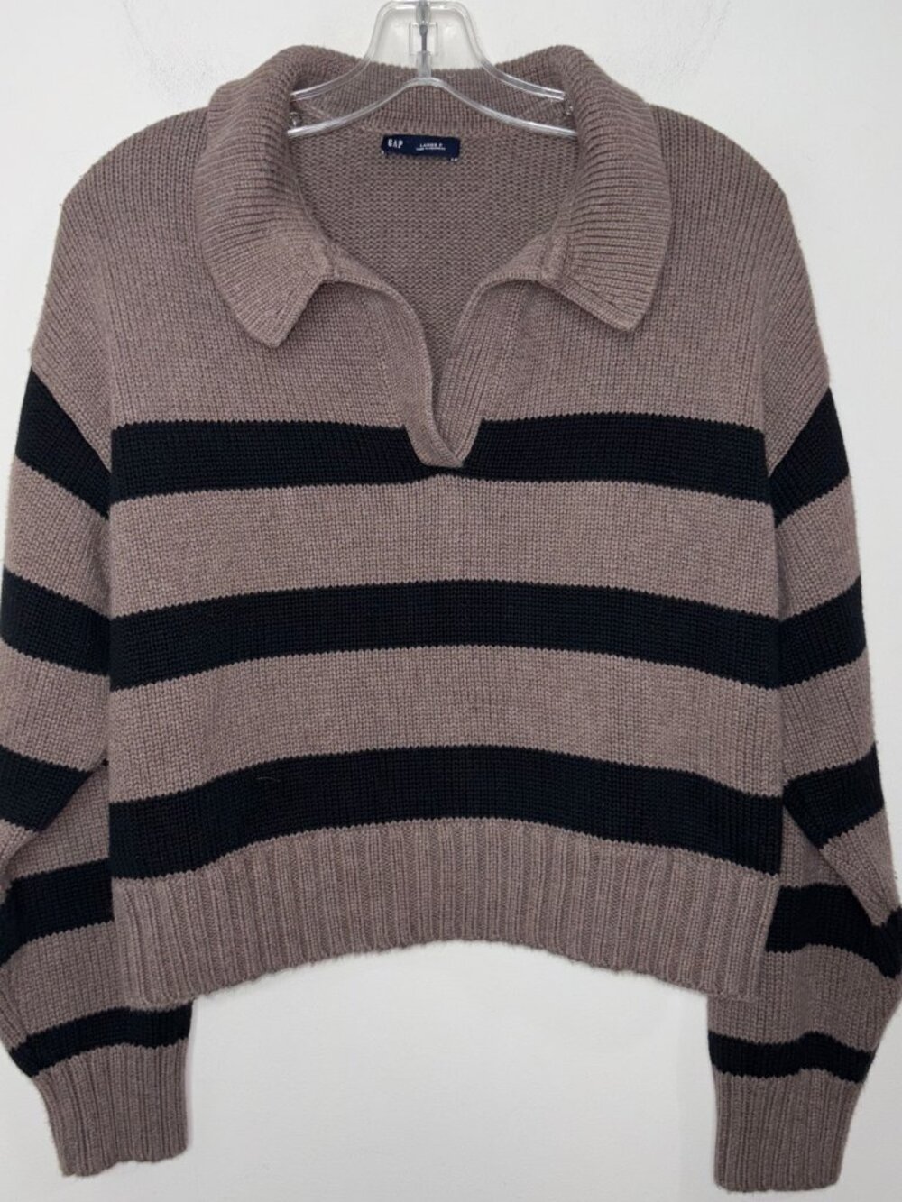 Gap Brown Stripe Cotton V-Neck Polo Sweater Size L Petite - Picture 4 of 12